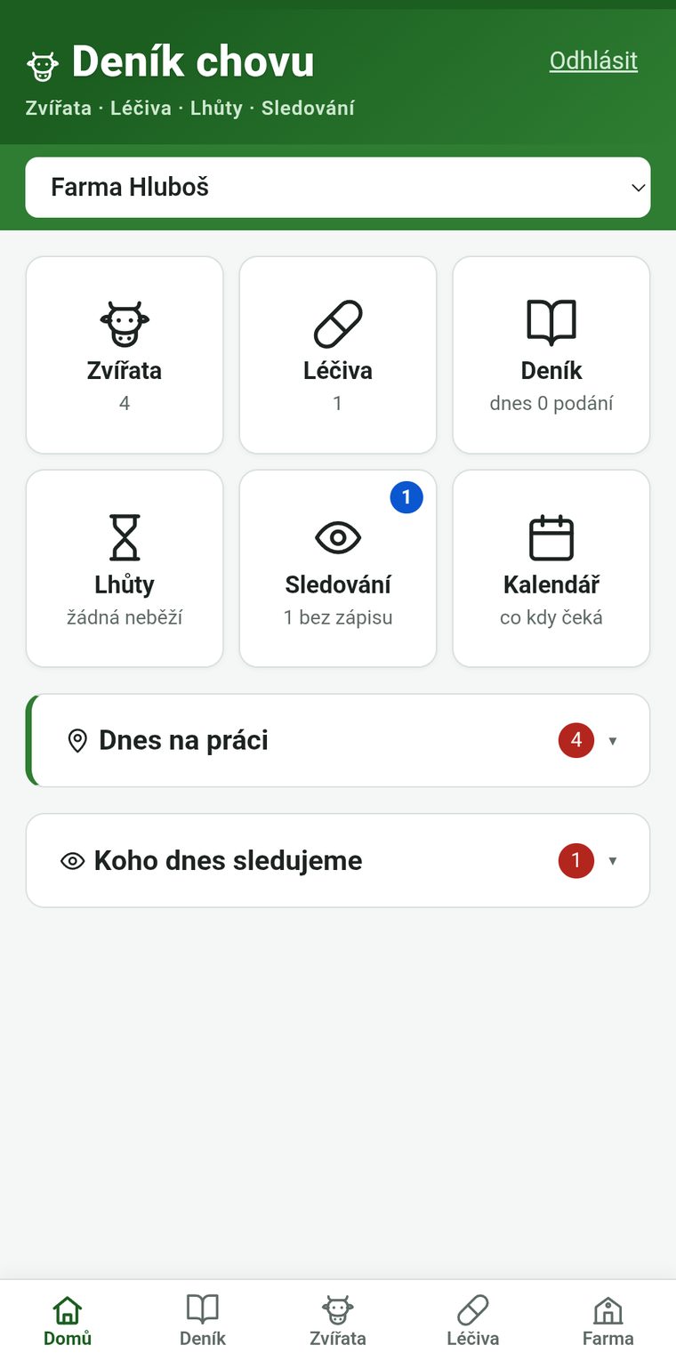 Úvodní obrazovka mobilní aplikace Deník chovu s přehledem zvířat, léčiv, lhůt a sledování